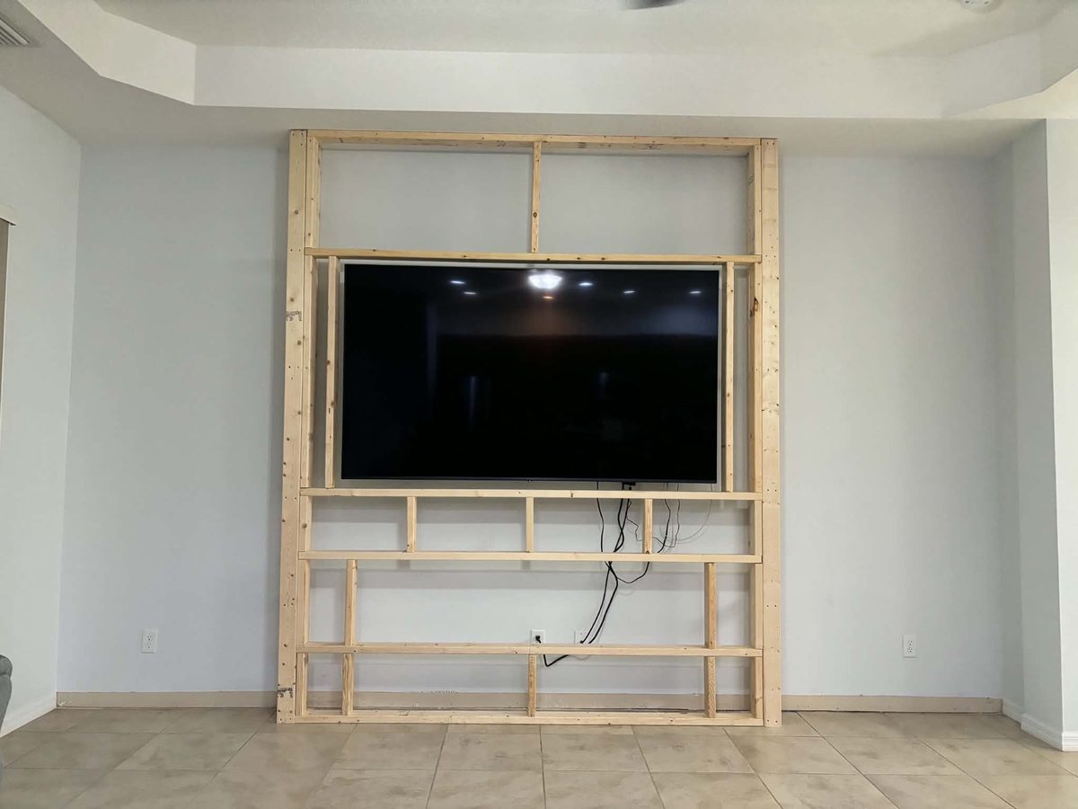 Living room media wall under construction