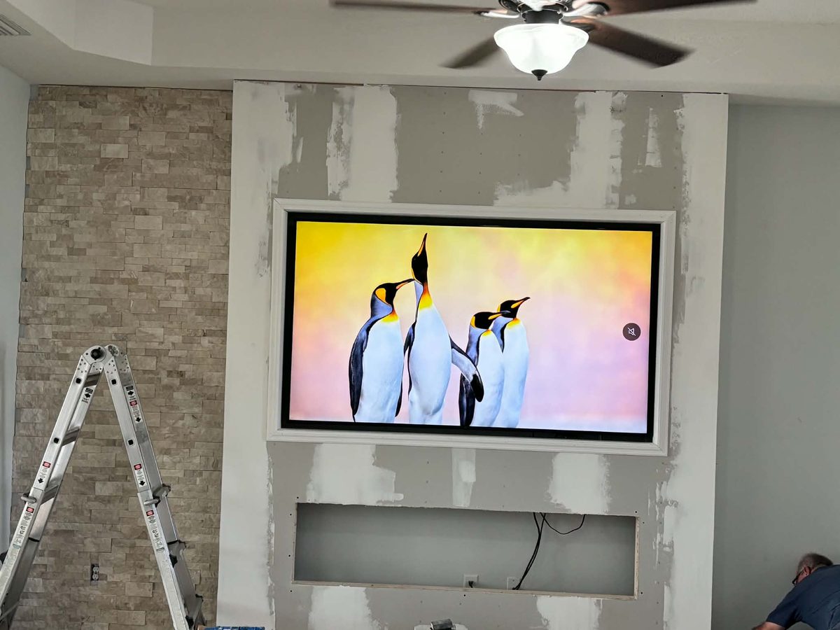 Living room media wall framing progress