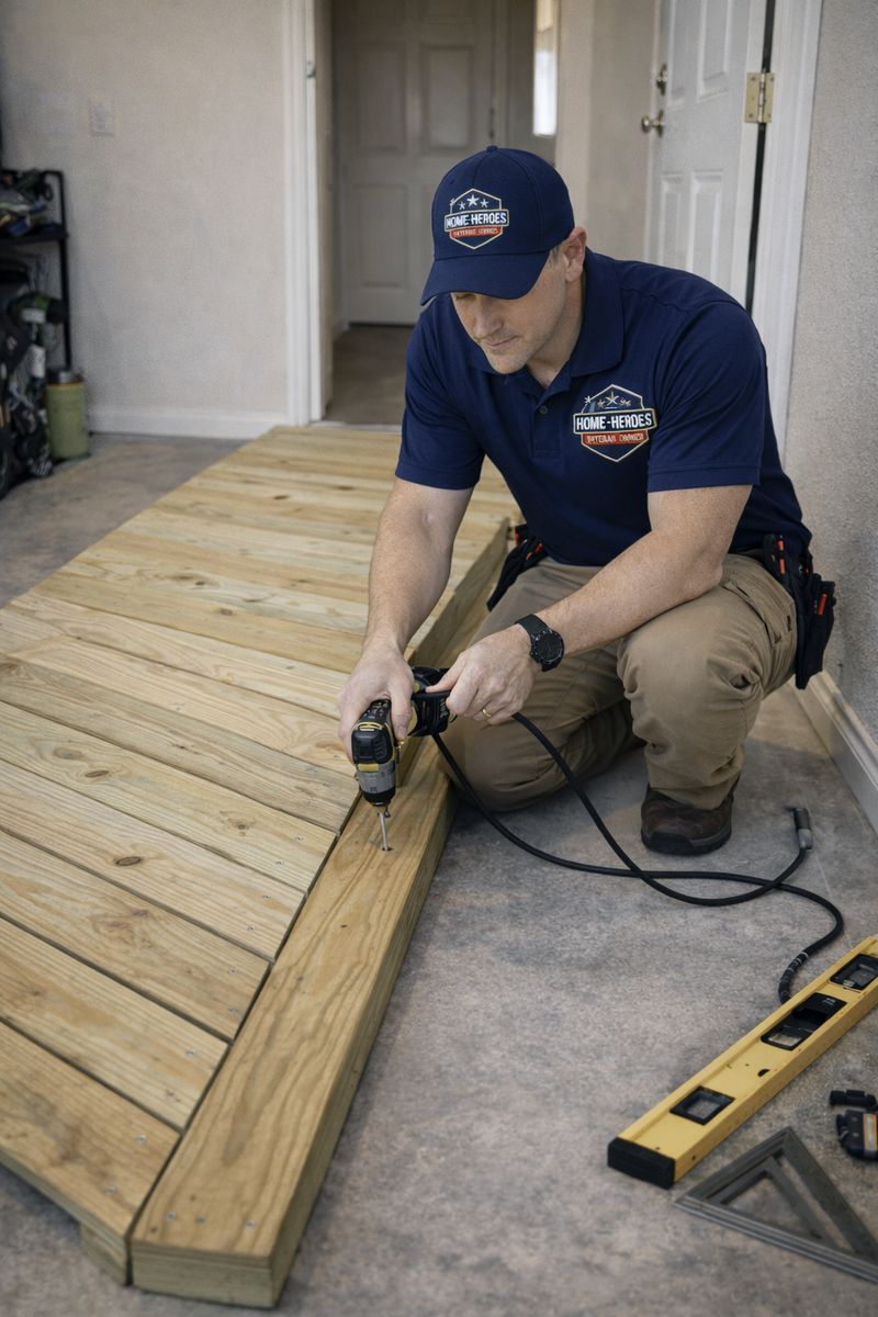Technician building a wooden ramp inside a home