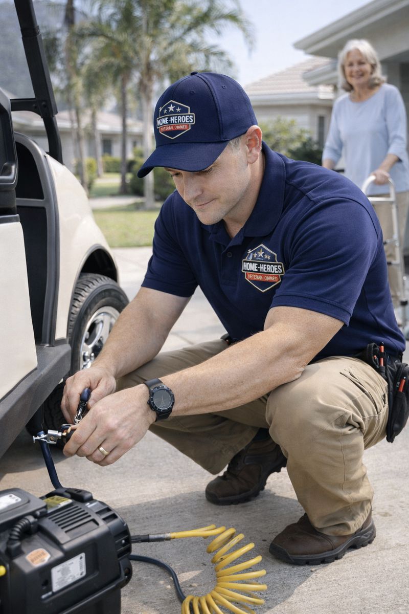 Technician repairing a golf cart tire