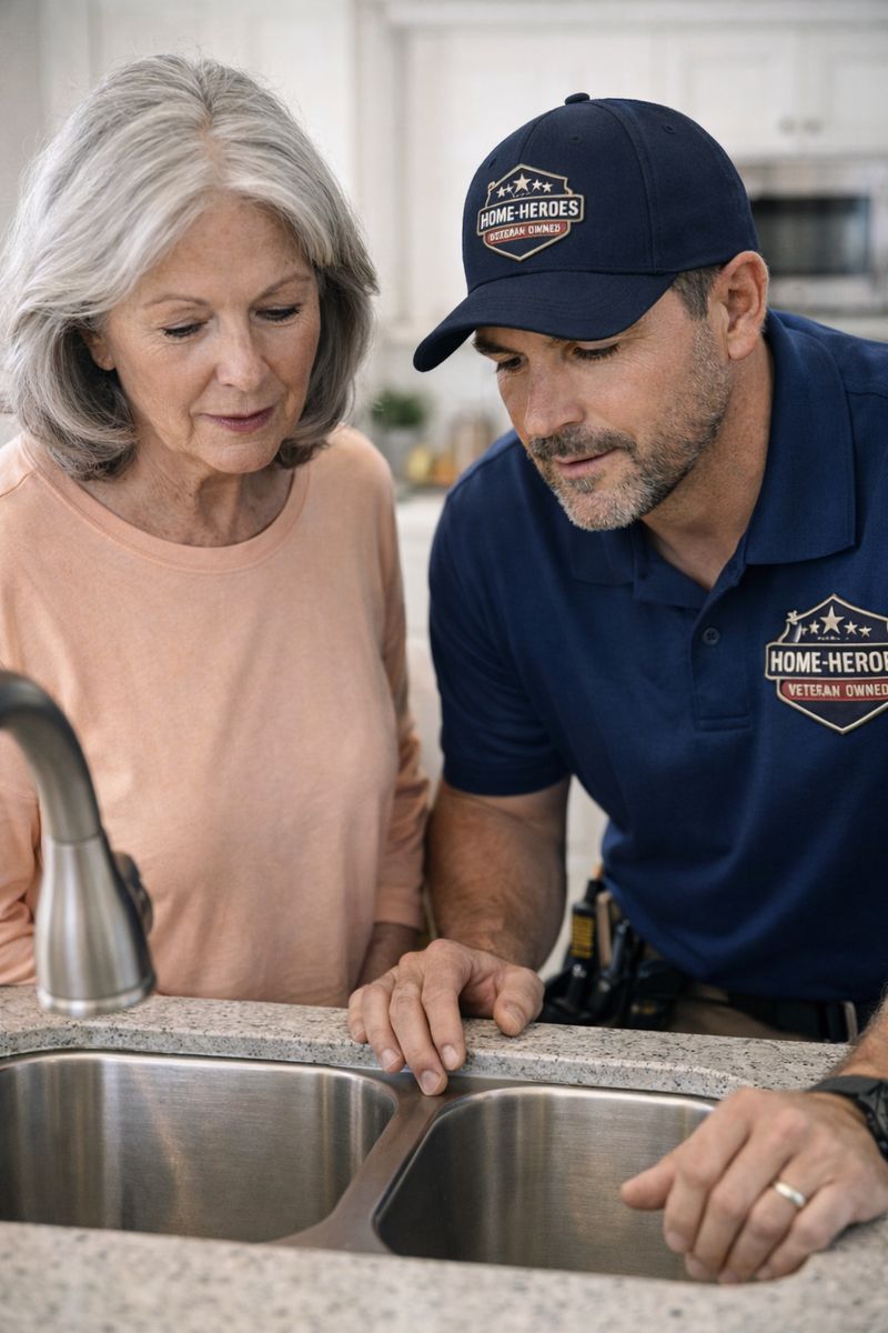 Technician helping a senior homeowner in her kitchen